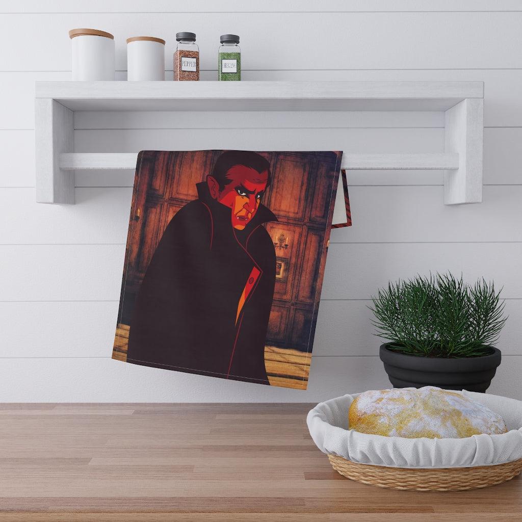 Retro Vampire Funny Dracula Halloween MCM Kitchen Tea Towel | lovevisionkarma.com