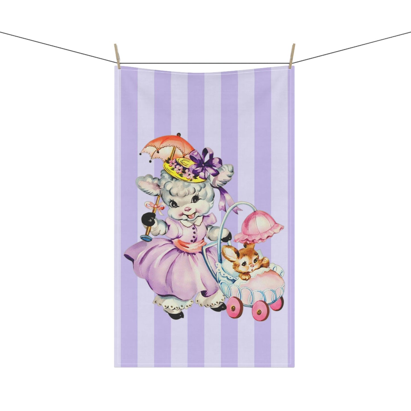 Vintage Easter Lamb and Bunny Kitschy Cute Lilac Kitchen Tea Towel | lovevisionkarma.com
