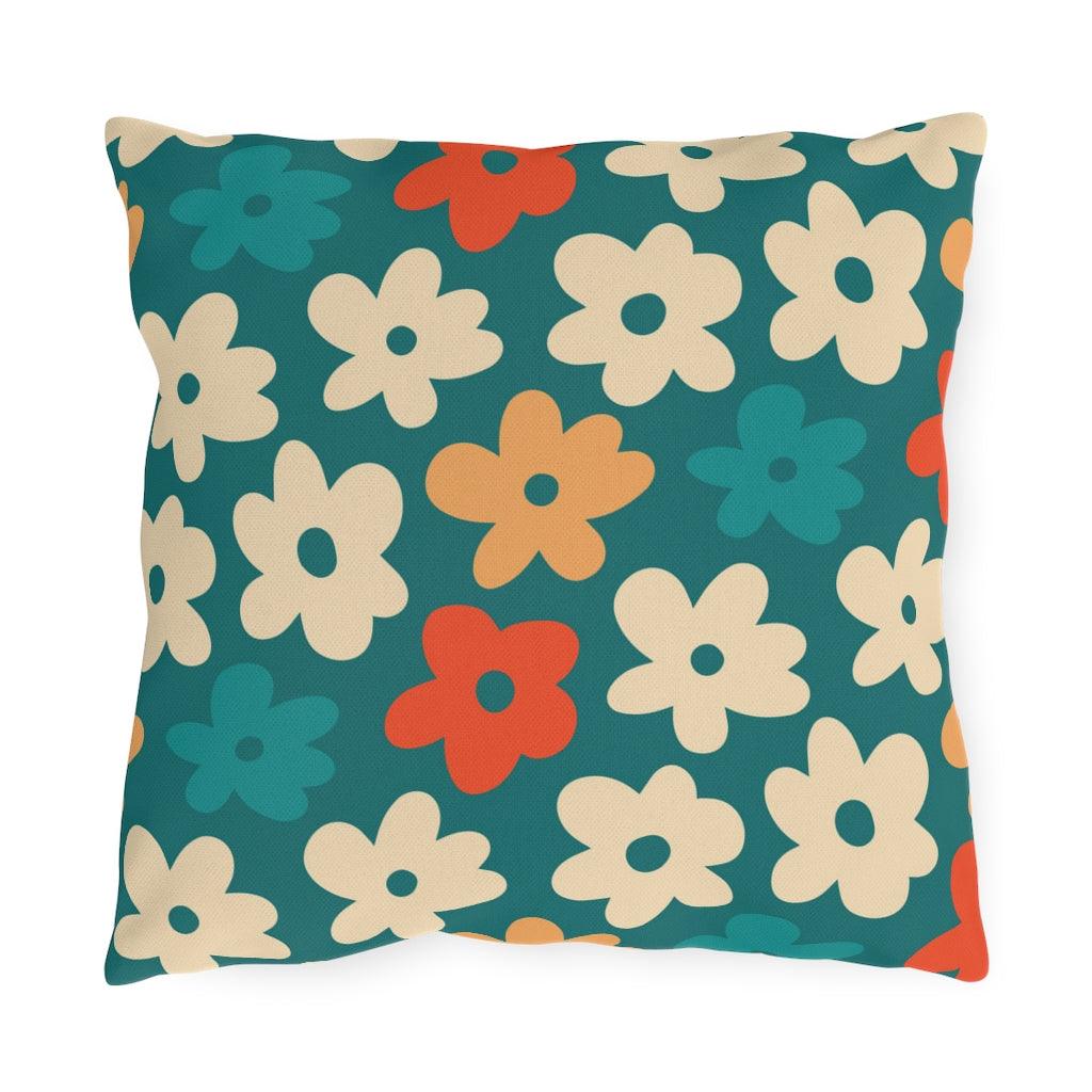 Boho Flowers Orange, Cream and Teal MCM Outdoor Pillow | lovevisionkarma.com