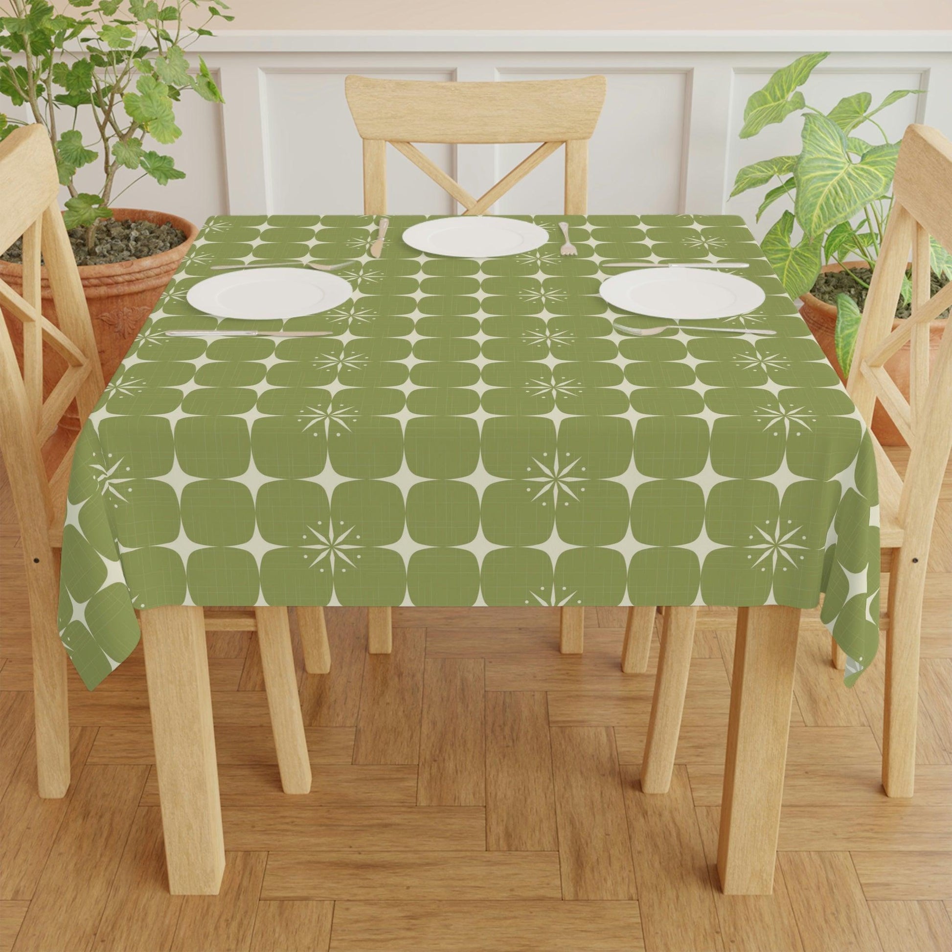Retro 50s Atomic Starburst Geo Mid Century Green Tablecloth | lovevisionkarma.com
