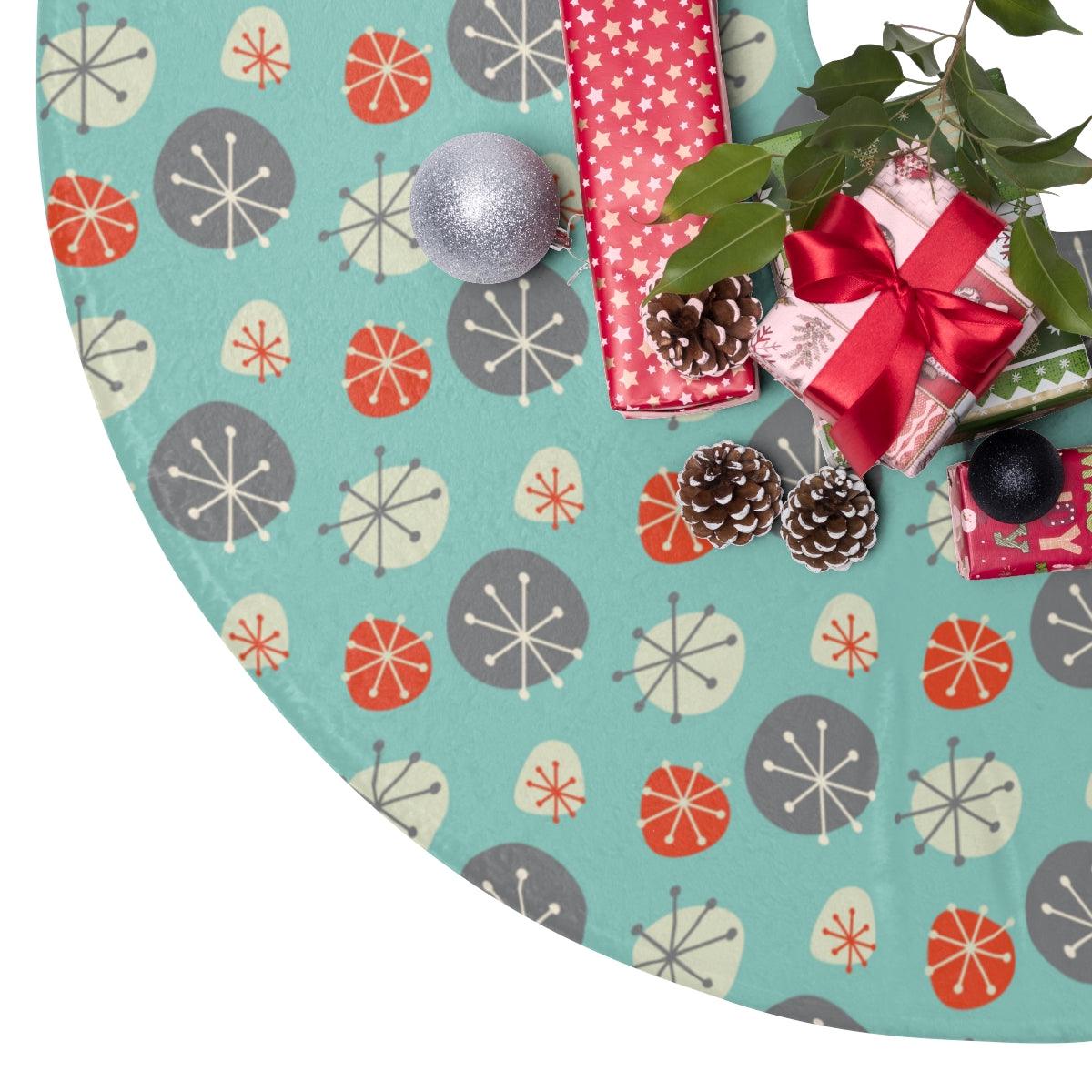 Mid Century Starburst Blue, Grey and Orange Christmas Tree Skirt | lovevisionkarma.com