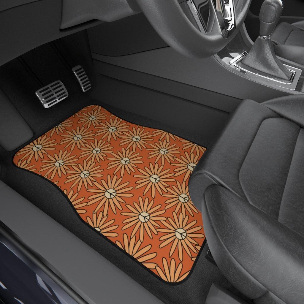 Groovy Boho Peace Sign Daisy Orange & Yellow Car Mats (Set of 4) | lovevisionkarma.com