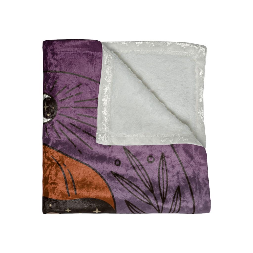 Boho Mushrooms & Moon Phases Celestial Witchcore Purple & Blue Crushed Velvet Blanket | lovevisionkarma.com