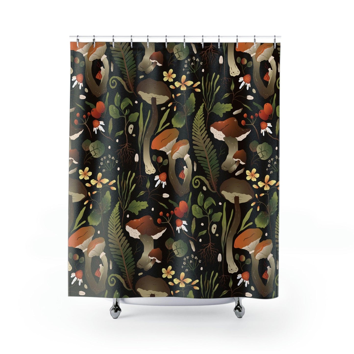 Mushroom and Snail Woodland Cottagecore Shower Curtain | lovevisionkarma.com