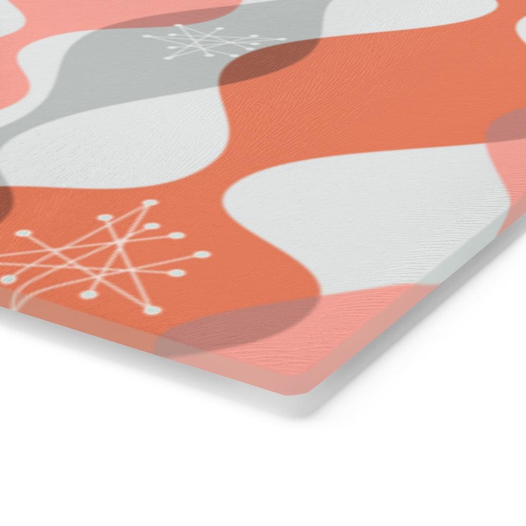 Mid Century Mod Atomic Bursts & Waves Pink Glass Cutting Board | lovevisionkarma.com