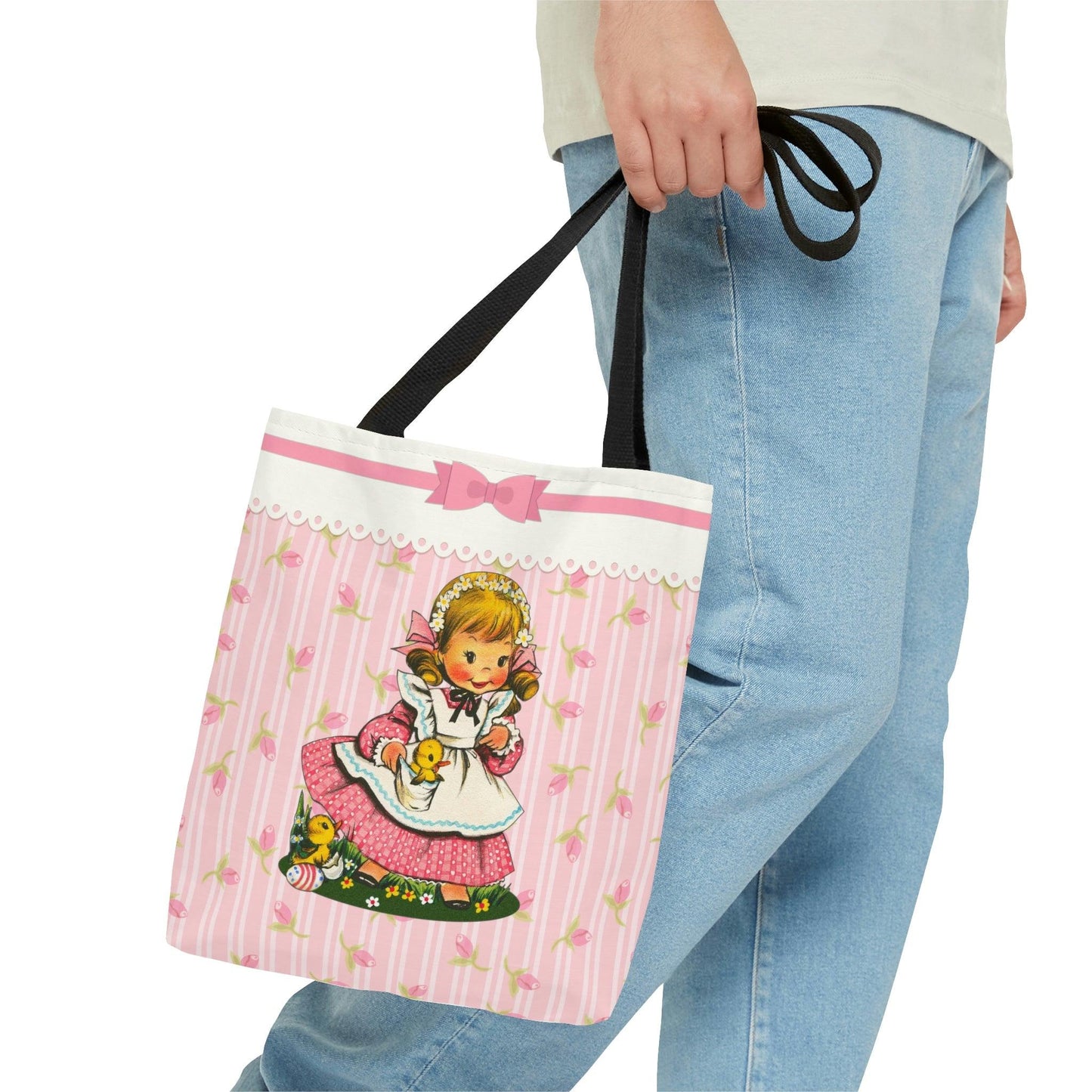 Vintage Kitsch Girl with Chicks MCM Easter Pink Tote Bag | lovevisionkarma.com