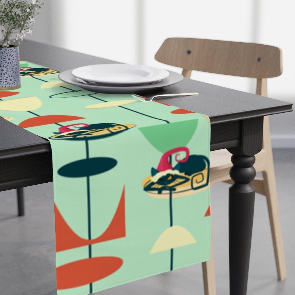 Christmas Atomic Cat Table Runner Green Retro Table Linens | lovevisionkarma.com