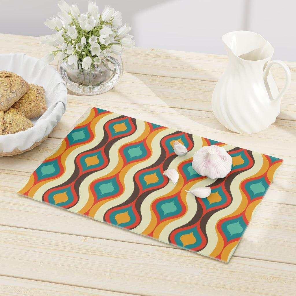 Retro Geometric Mid Century Mod Multicolor Glass Cutting Board | lovevisionkarma.com