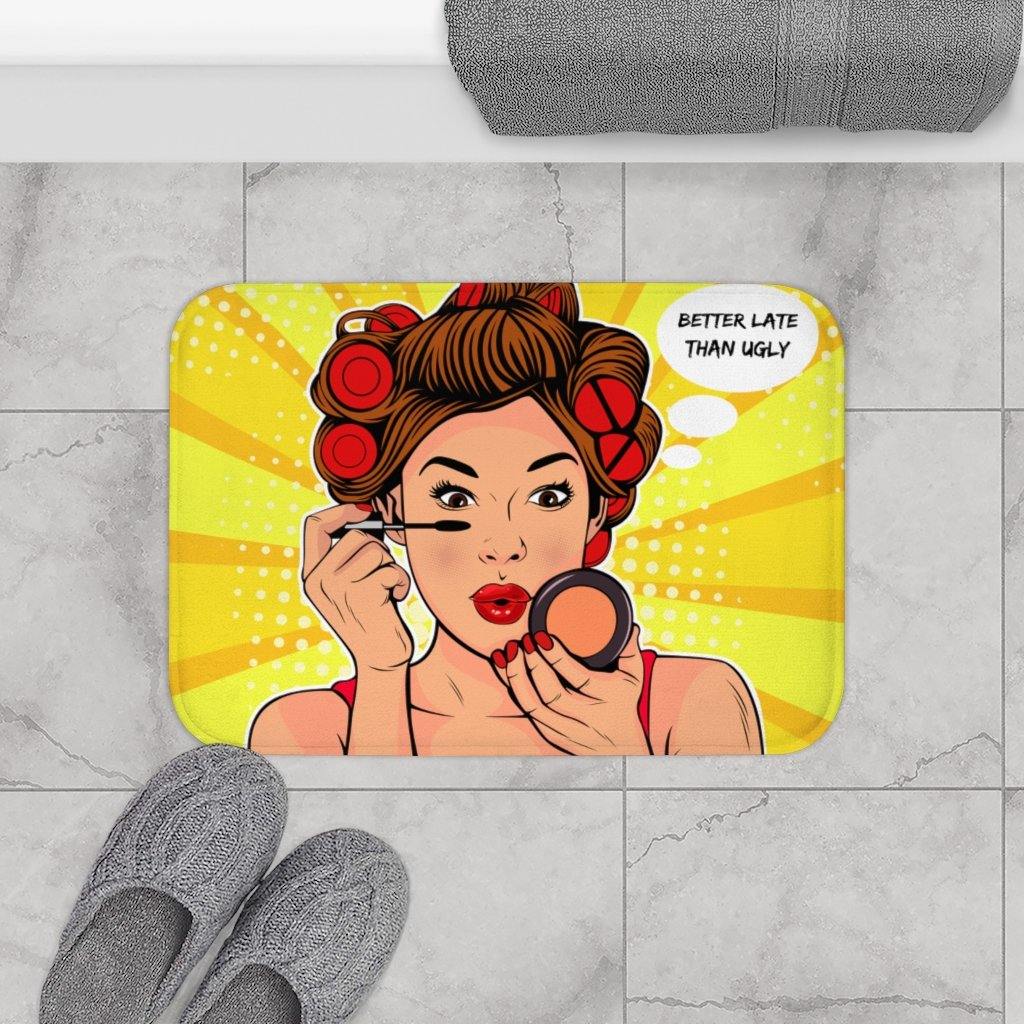 "Better Late" Comic Pop Art Funny Bath Mat | lovevisionkarma.com