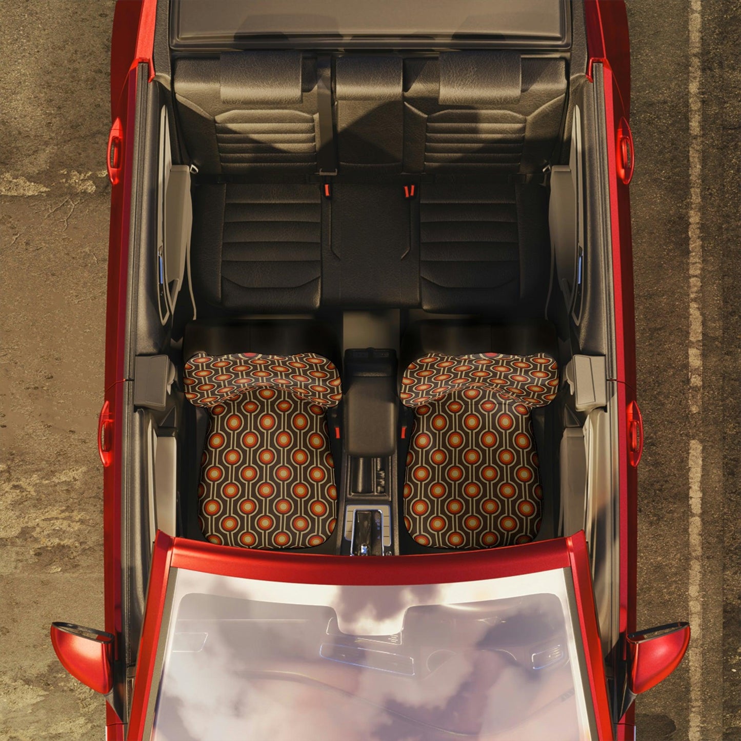 Retro 60s, 70s Funky MCM Geometric, Brown & Orange Car Seat Covers | lovevisionkarma.com