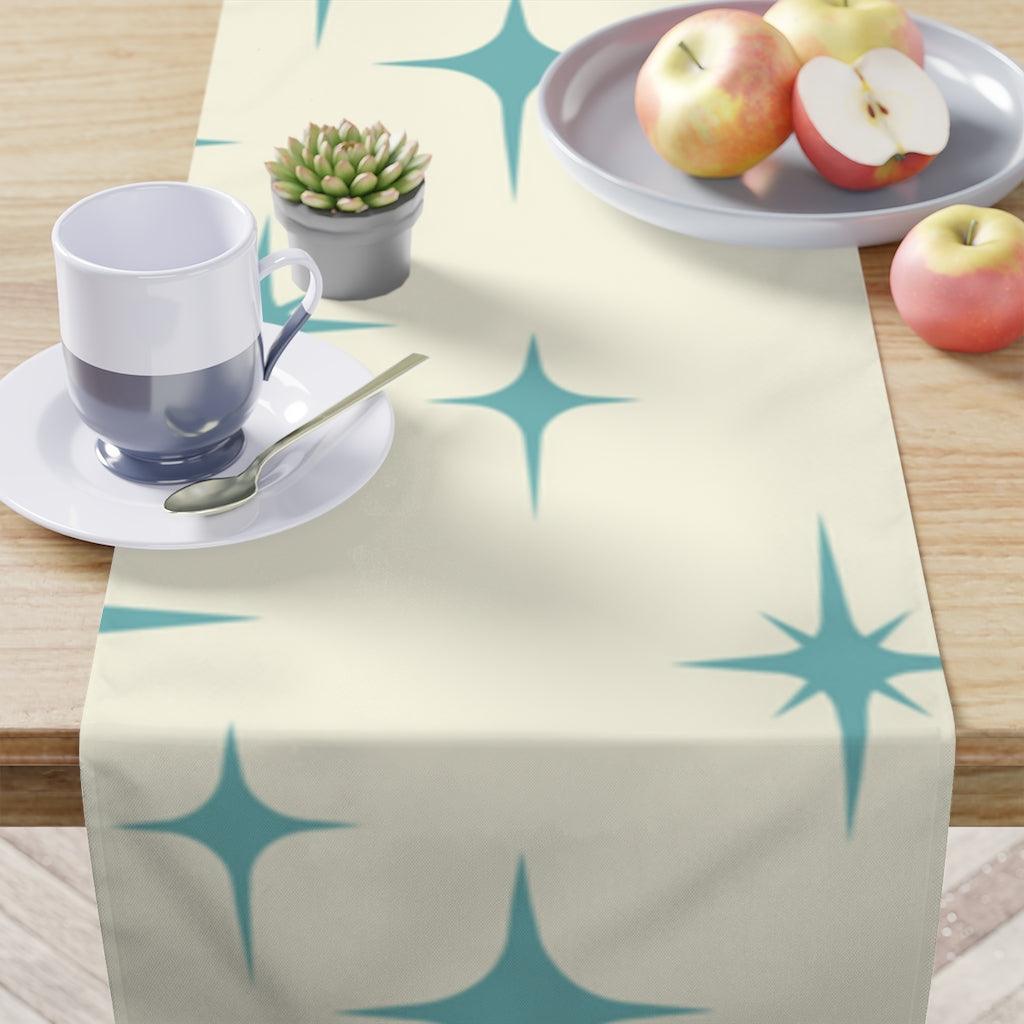 Retro 50s Atomic Starburst MCM Cream & Blue Table Runner | lovevisionkarma.com