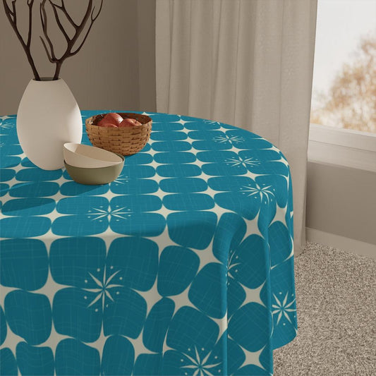 Mid Century Modern Burst Geometric Blue Tablecloth | lovevisionkarma.com