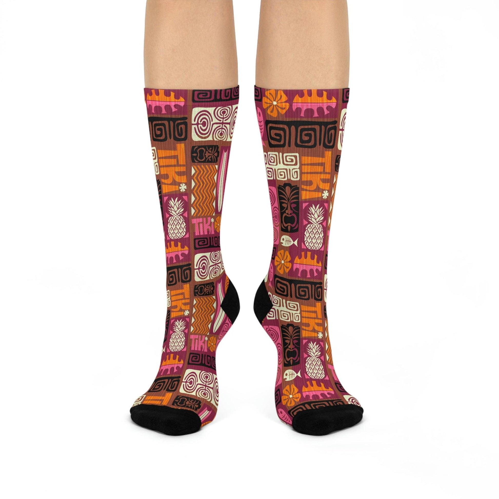 Retro Tiki 1960s Funky MCM Brown, Orange & Pink Cushioned Crew Socks | lovevisionkarma.com