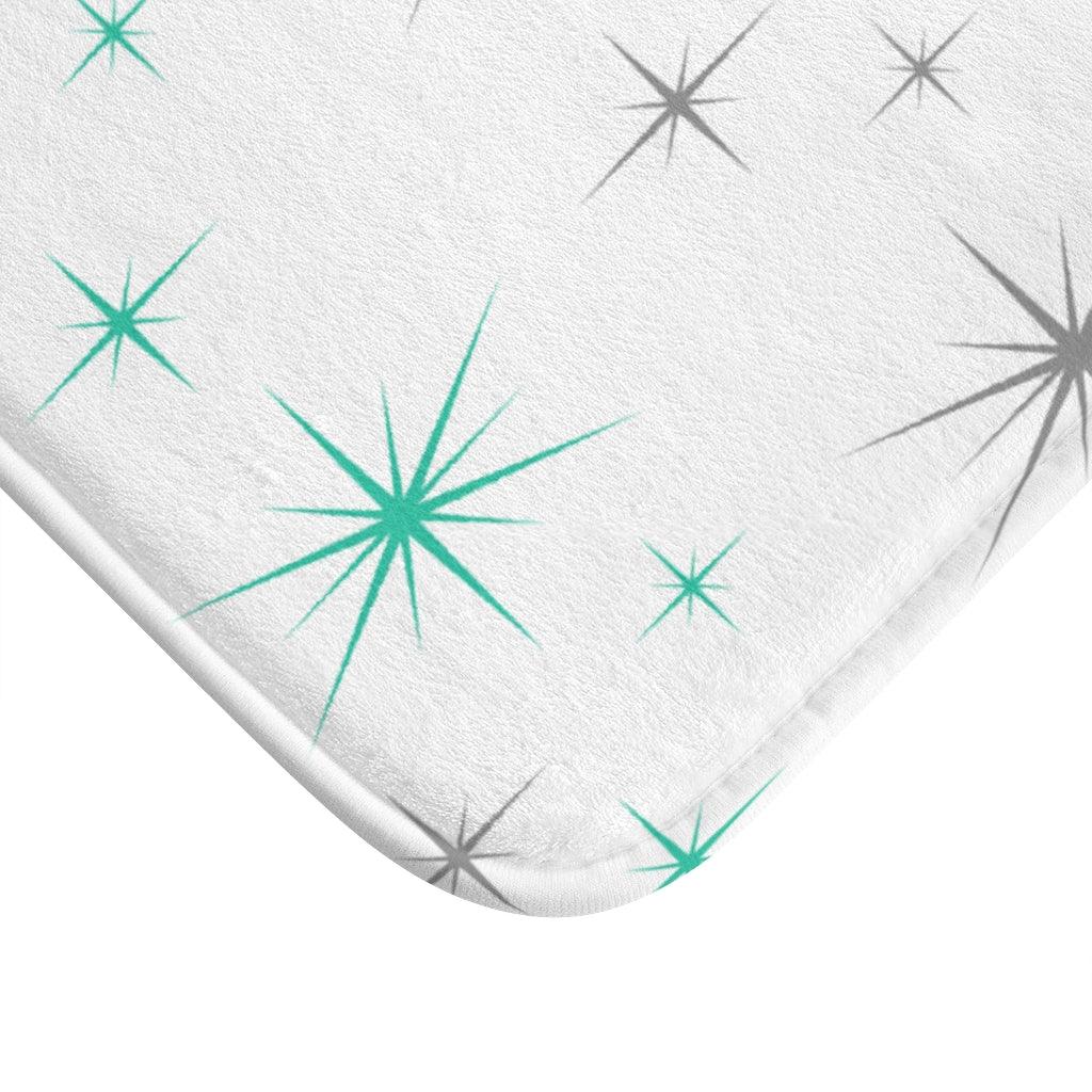 Starbursts 50s, 60s Mid Century Modern Teal & Grey Bath Mat | lovevisionkarma.com