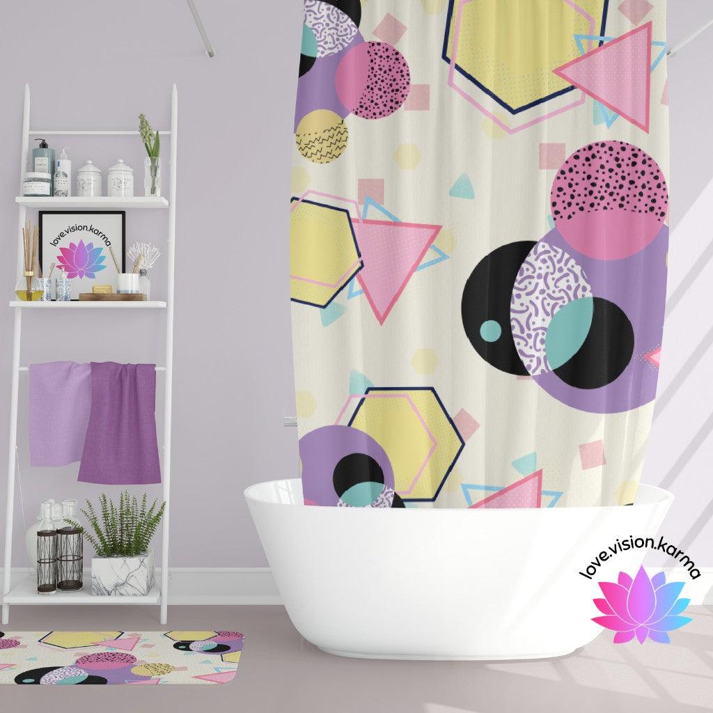 Retro 90's Aesthetic Geometric Throwback Multicolor Shower Curtain | lovevisionkarma.com