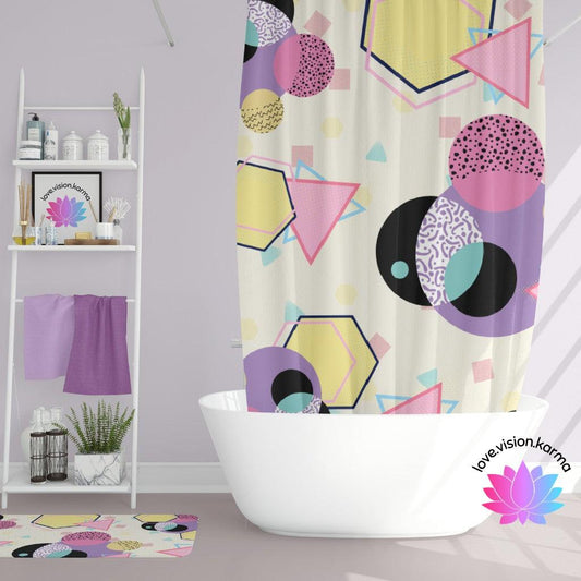 Retro 90's Aesthetic Geometric Throwback Multicolor Shower Curtain | lovevisionkarma.com