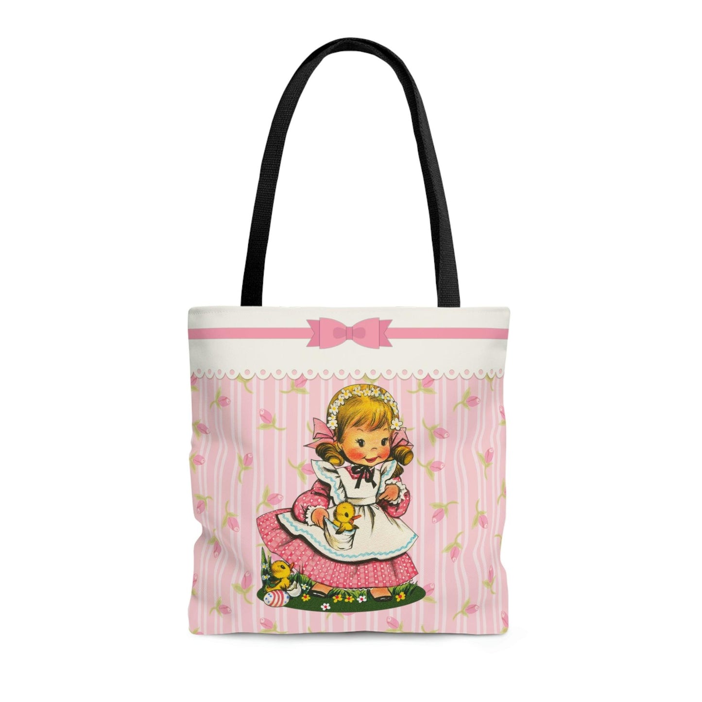 Vintage Kitsch Girl with Chicks MCM Easter Pink Tote Bag | lovevisionkarma.com