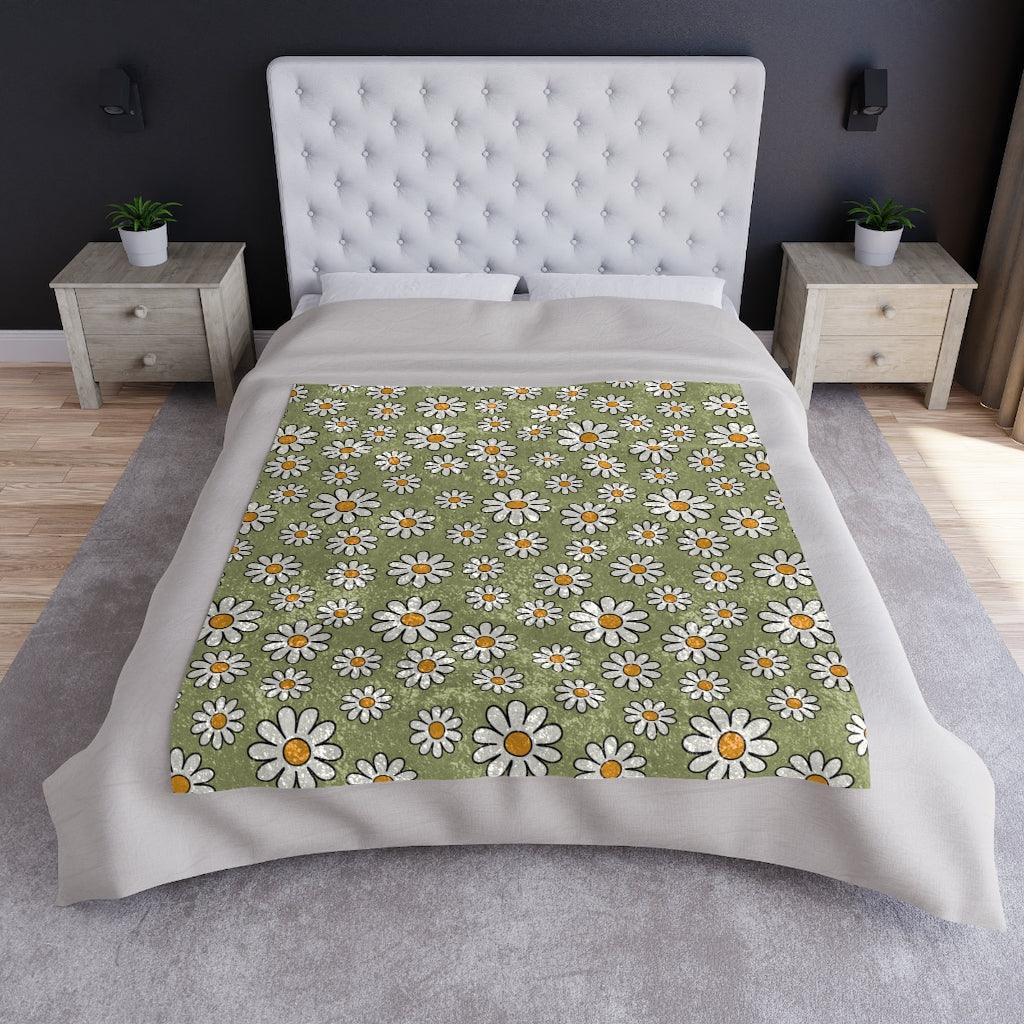 Retro Boho Daisy Sage Green MCM Crushed Velvet Blanket | lovevisionkarma.com