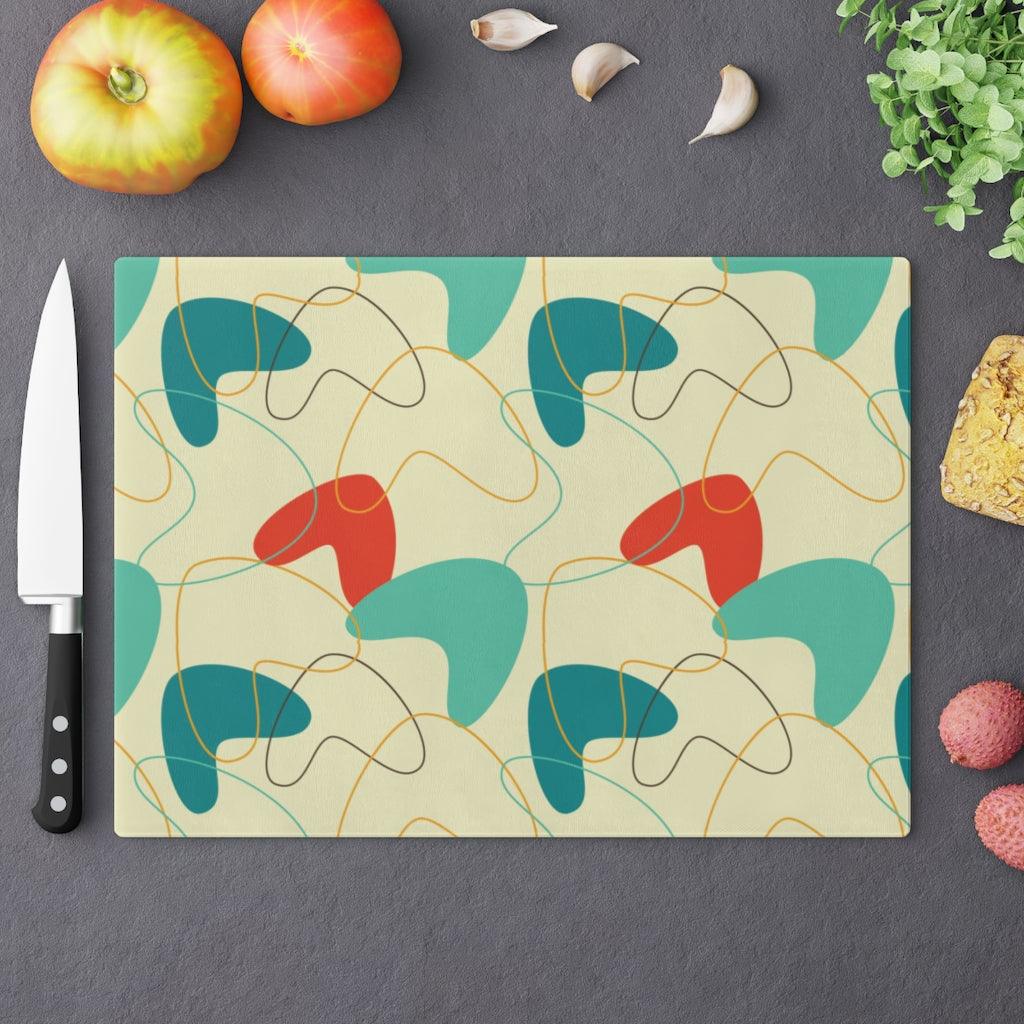 Mid Century Atomic Boomerang Blue/Cream Glass Cutting Board | lovevisionkarma.com