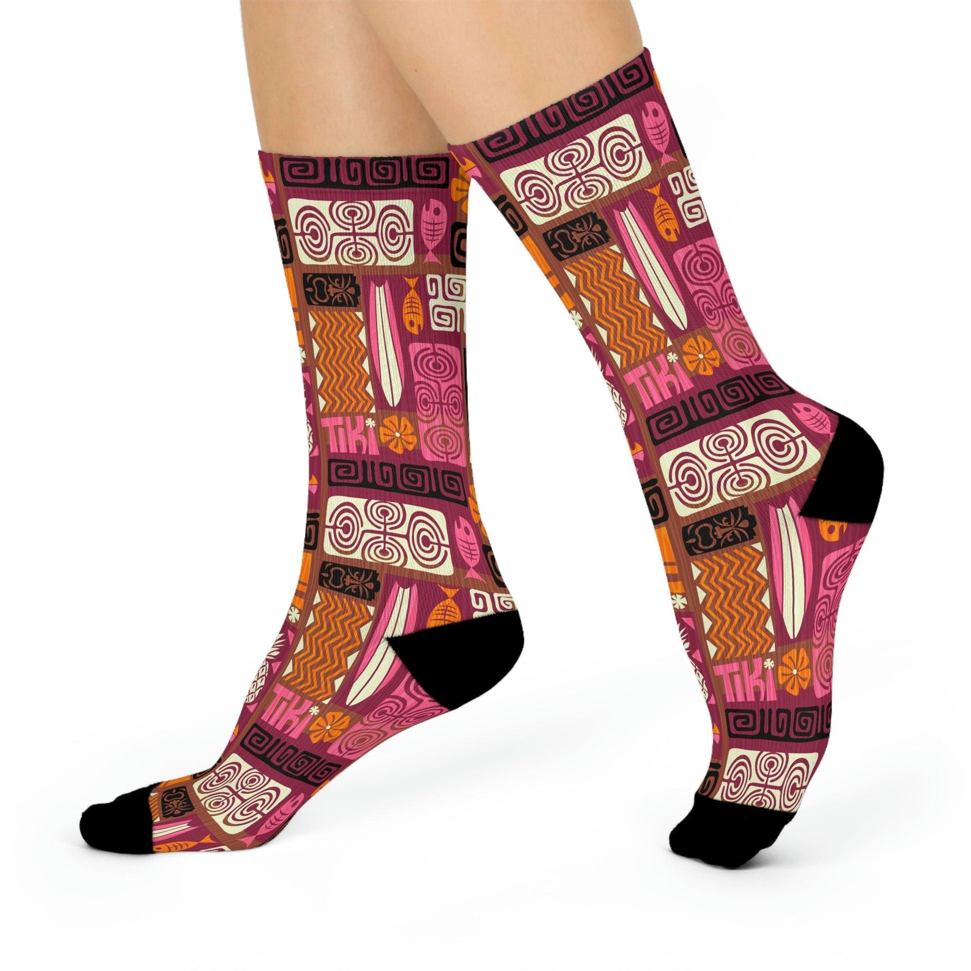 Retro Tiki 1960s Funky MCM Brown, Orange & Pink Cushioned Crew Socks | lovevisionkarma.com