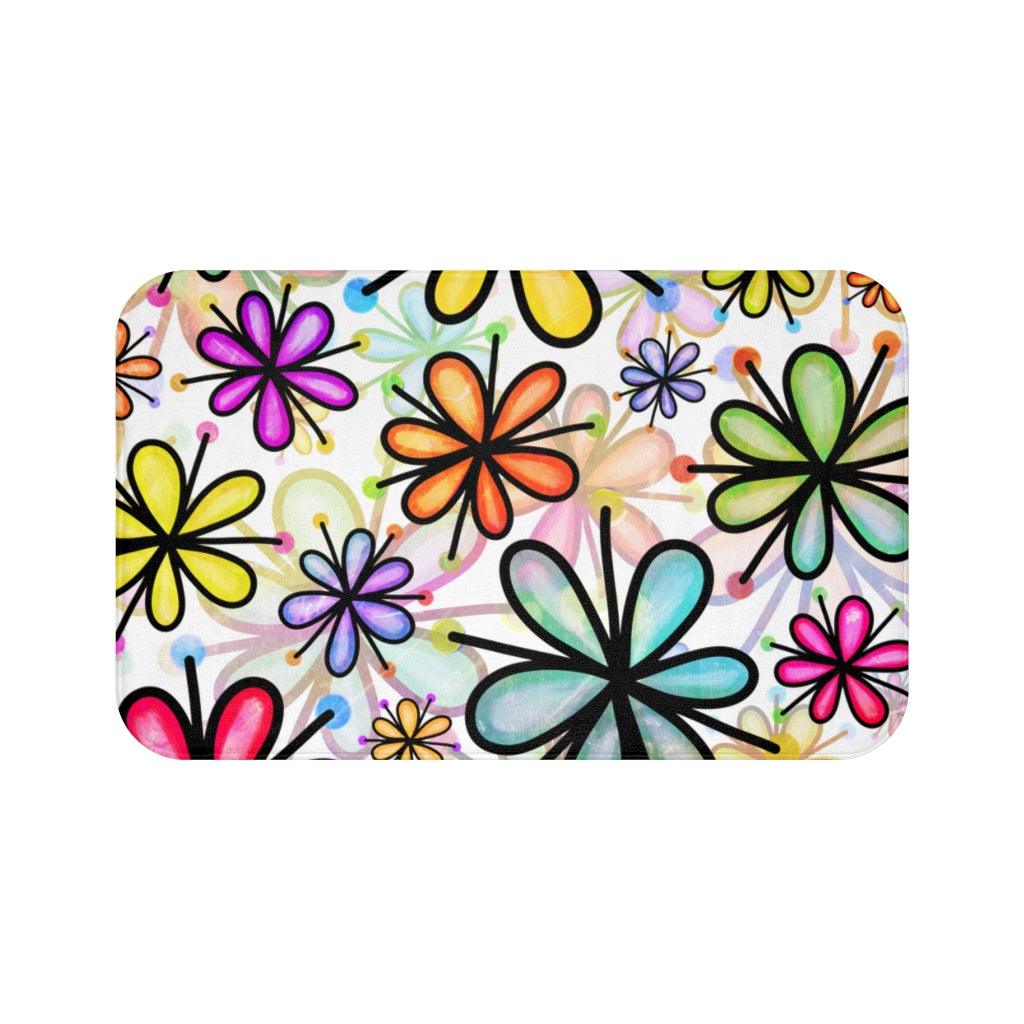 Groovy Flower Doodle Watercolor Style Colorful Bath Mat | lovevisionkarma.com