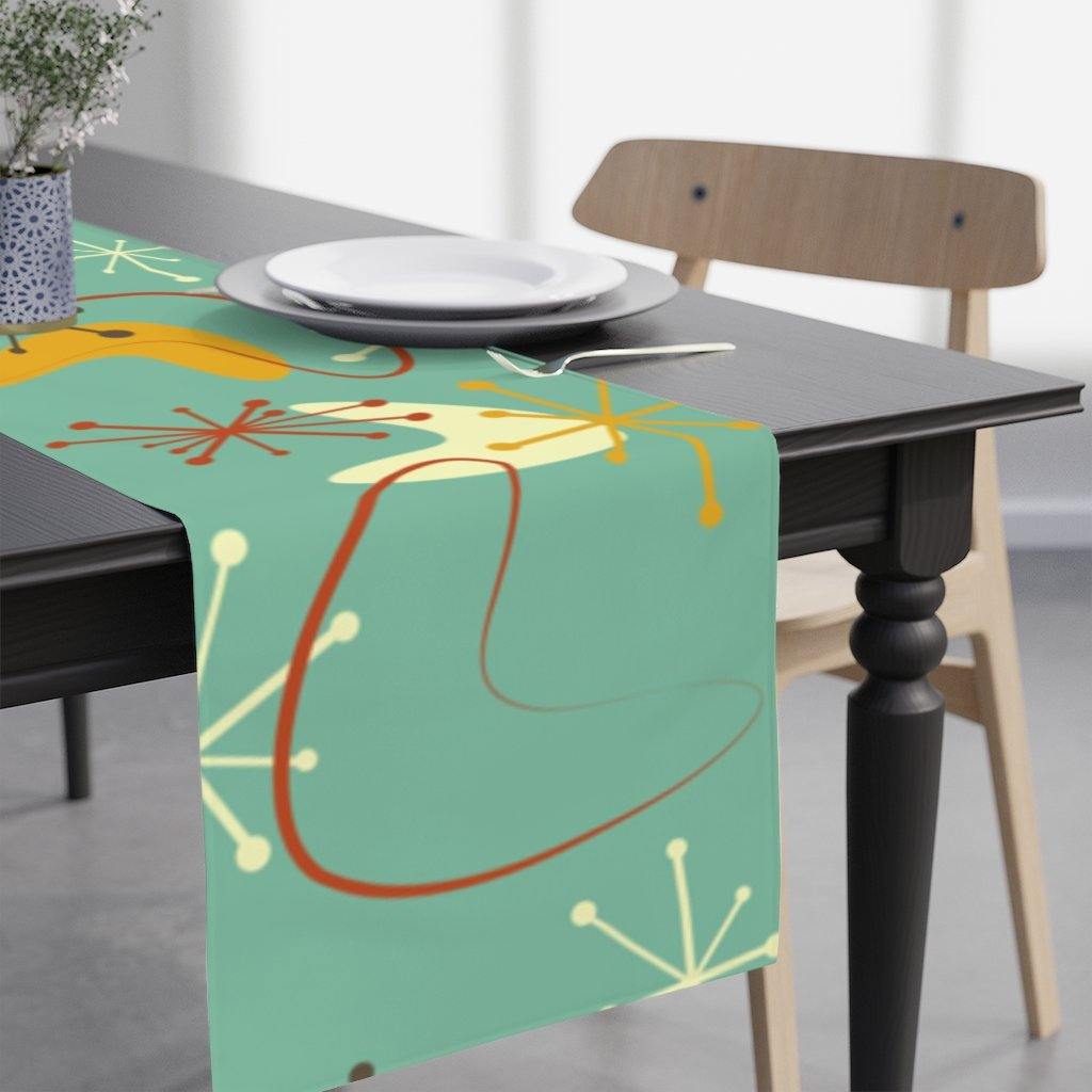 Atomic Mid Century Table Runner Boomerangs & Bursts Teal Retro Table Linens | lovevisionkarma.com