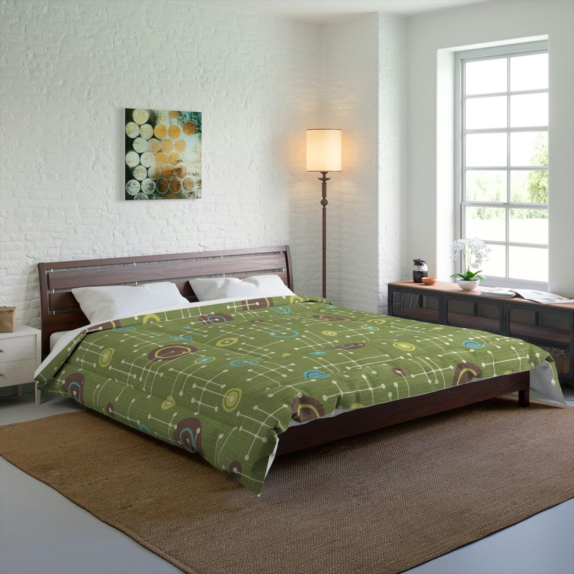 Retro 50s Eames Inspired MCM Lines Green Comforter | lovevisionkarma.com