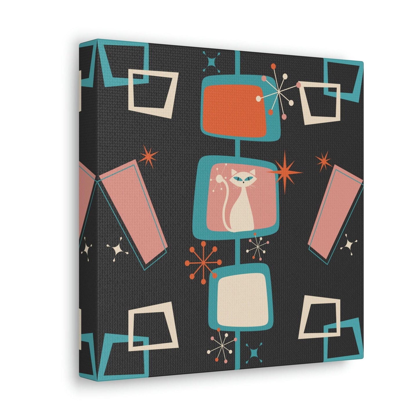 Mid Century Atomic White Cat & Starburst Multicolor Canvas Gallery Wrap | lovevisionkarma.com