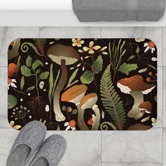 Mushroom and Snail Woodland Cottagecore Bath Mat | lovevisionkarma.com