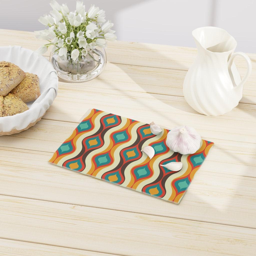 Retro Geometric Mid Century Mod Multicolor Glass Cutting Board | lovevisionkarma.com