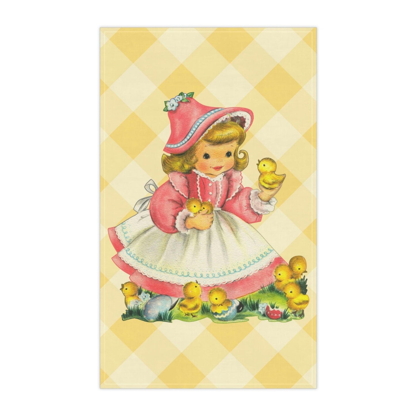 Vintage Easter Retro Girl With Baby Chicks MCM Yellow Kitchen Tea Towel | lovevisionkarma.com