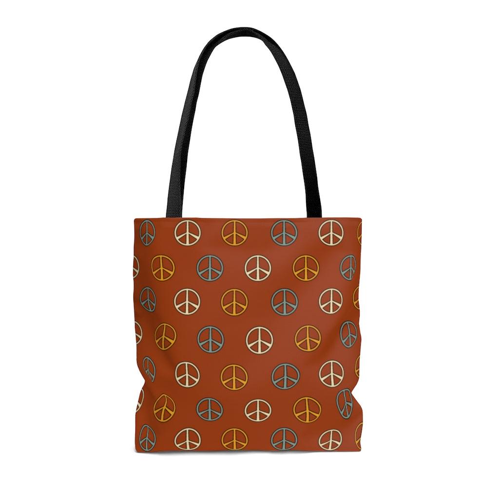 Boho Peace Sign Rust Color Hippie MCM Tote Bag | lovevisionkarma.com