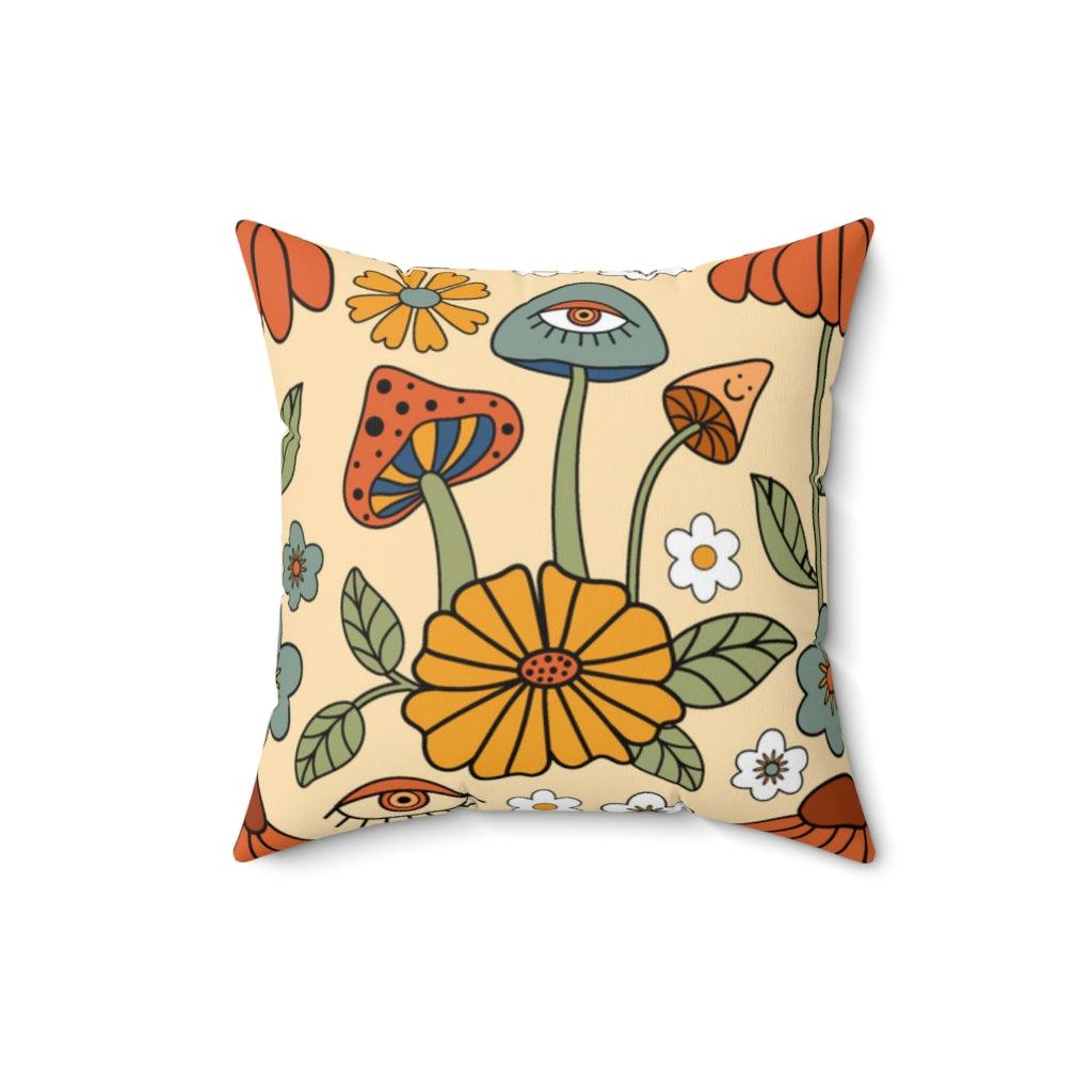 Boho Trippy Mushroom, Hippie Cottagecore MCM Pillow | lovevisionkarma.com