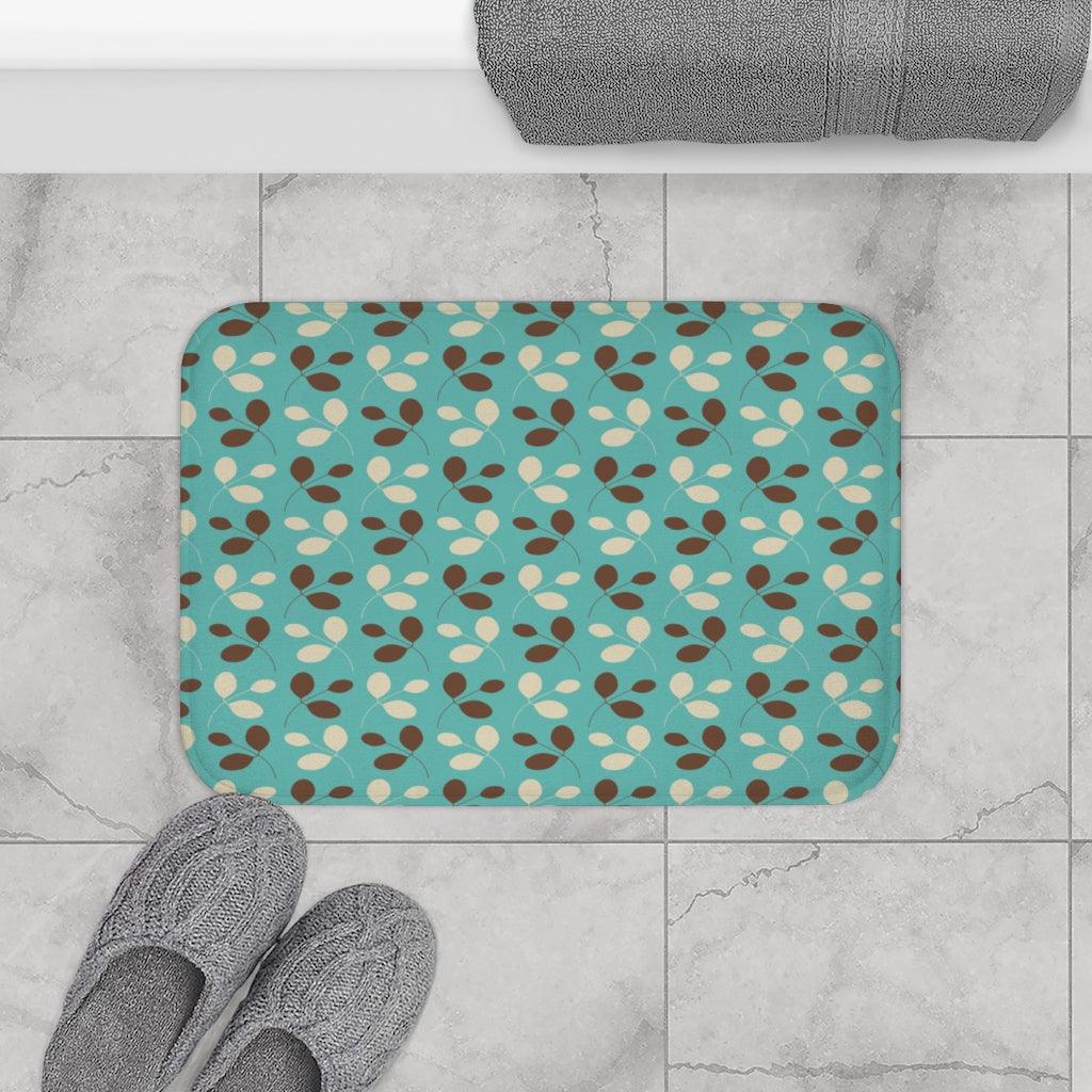 Retro 1950's Mid Century Leaves on Blue Bath Mat | lovevisionkarma.com