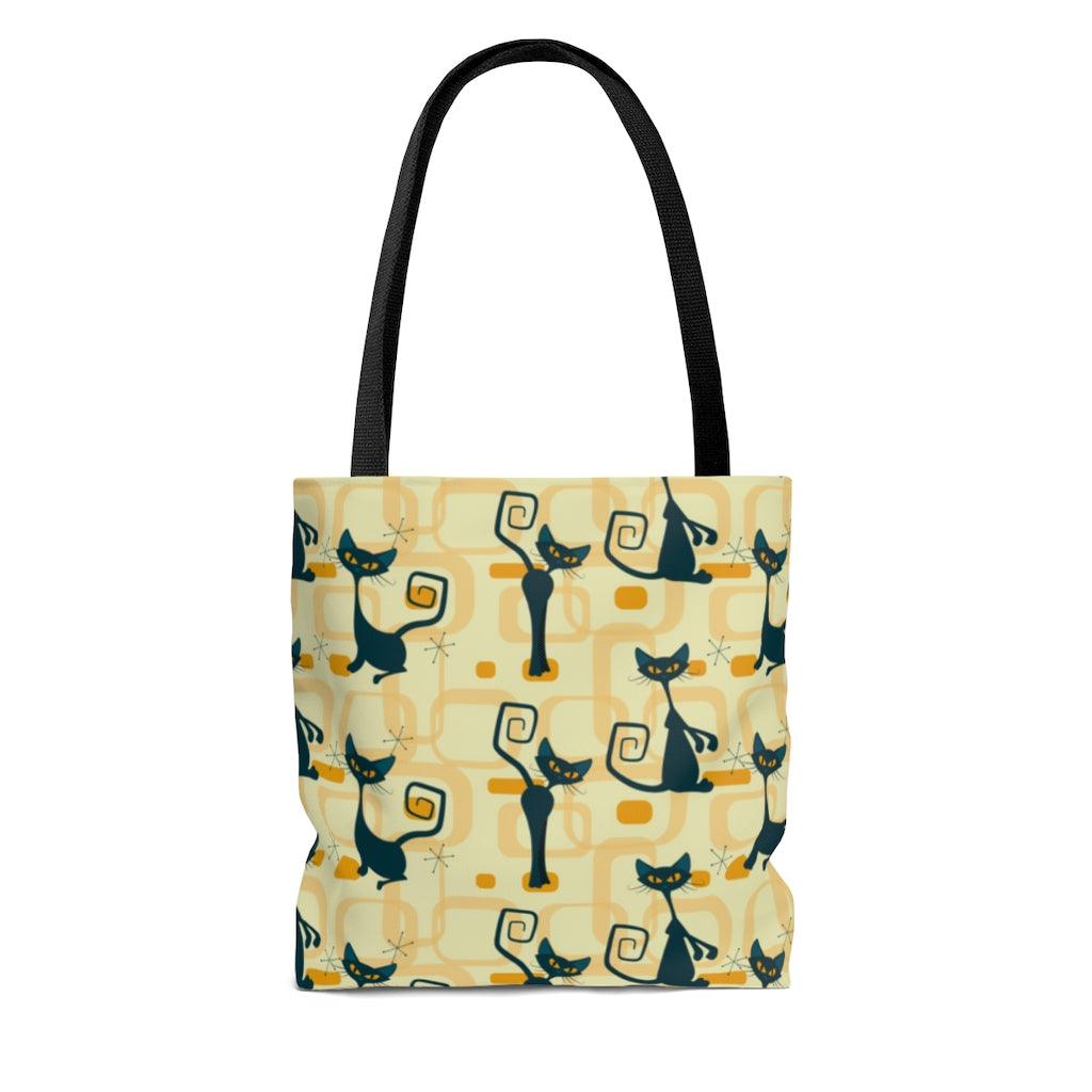 Retro Atomic Cats MCM Yellow Tote Bag | lovevisionkarma.com