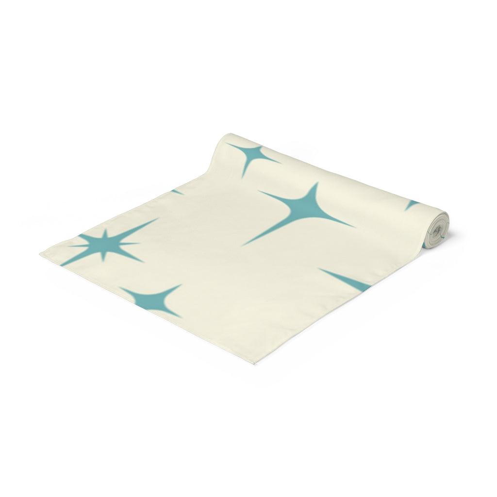 Retro 50s Atomic Starburst MCM Cream & Blue Table Runner | lovevisionkarma.com