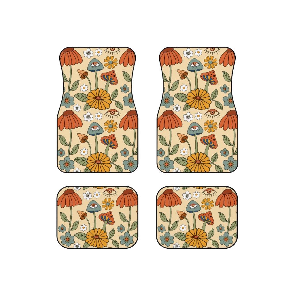 Boho Trippy Mushroom & Flowers Hippie Cottagecore Car Mats (Set of 4) | lovevisionkarma.com