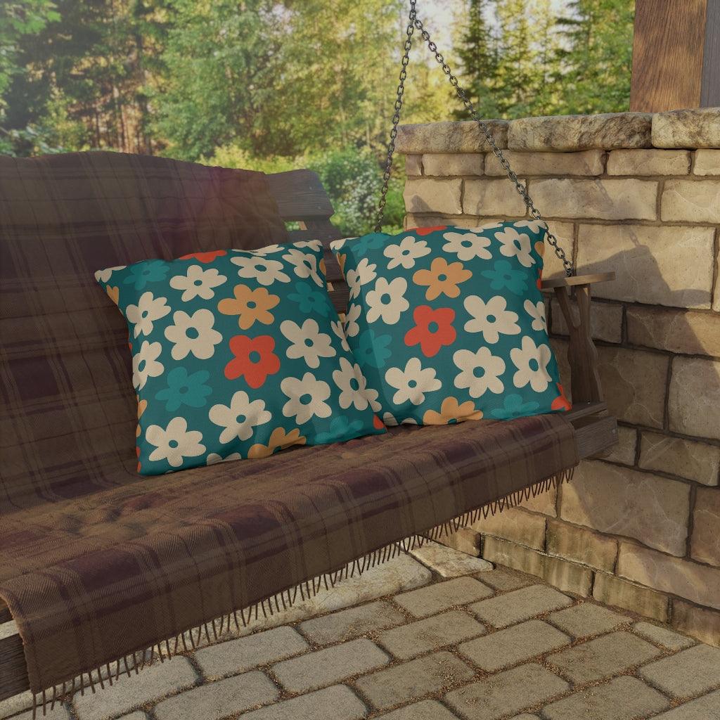 Boho Flowers Orange, Cream and Teal MCM Outdoor Pillow | lovevisionkarma.com