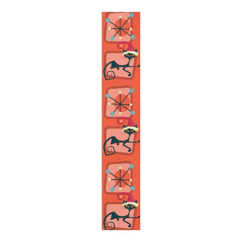 Christmas Cat Mid Century Mod Table Runner, Red Retro Table Linens | lovevisionkarma.com