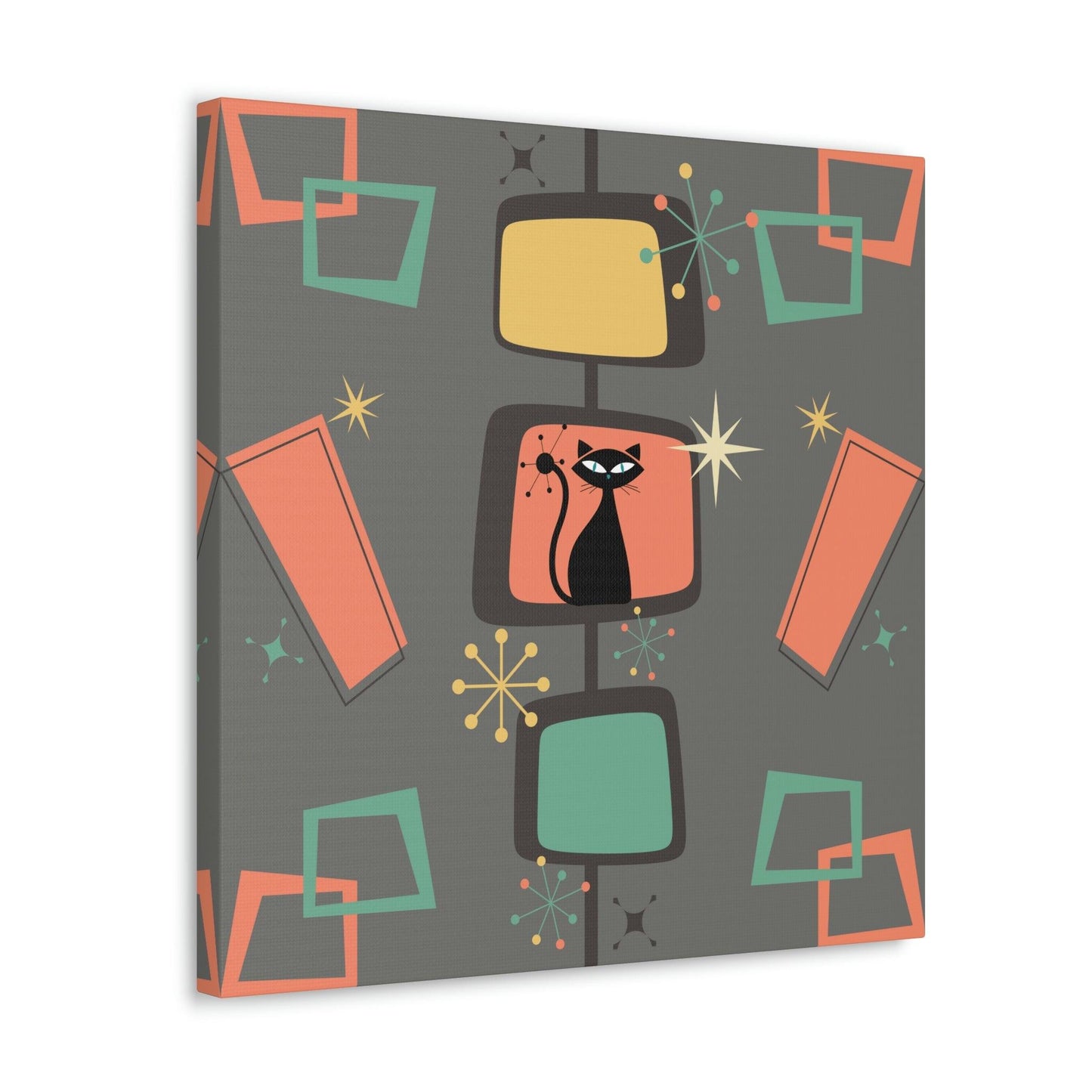 Retro Atomic Cat Mid Century Burst Chic Coral & Gray Canvas Gallery Wrap | lovevisionkarma.com