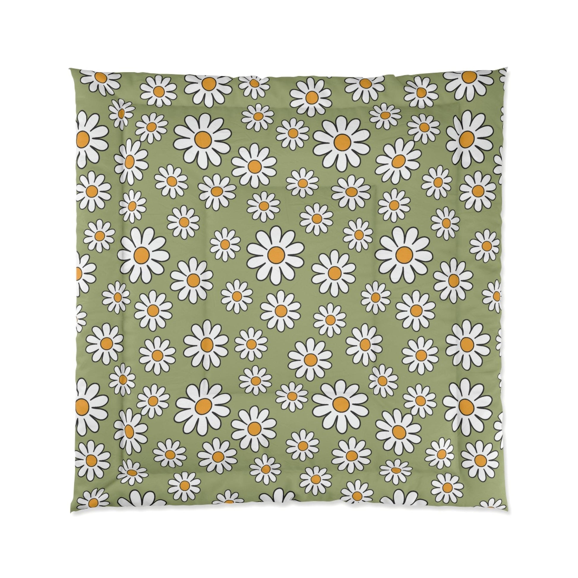 Retro 60s Boho Daisy Sage Green MCM Comforter | lovevisionkarma.com