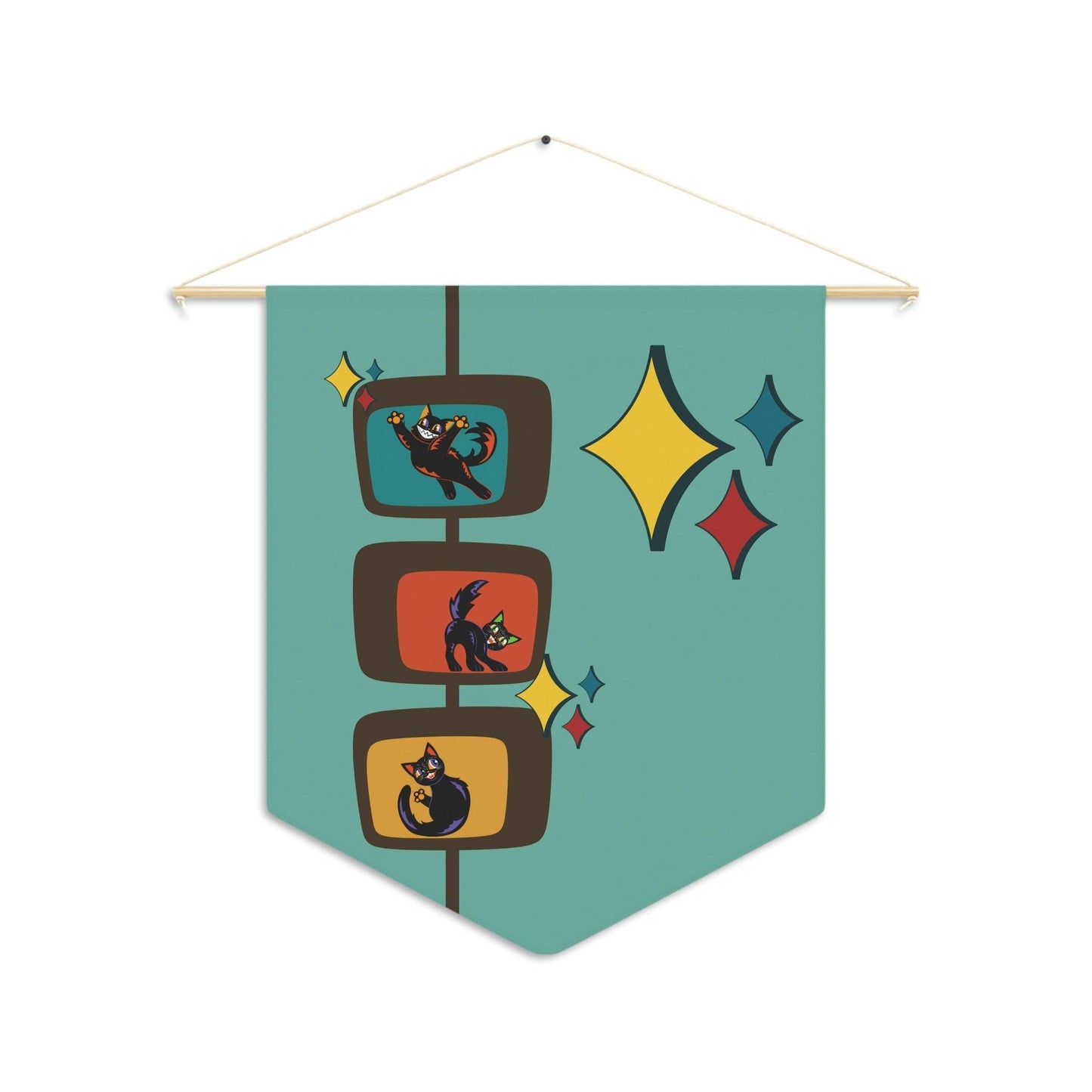 Retro Kitschy Cats Atomic Burst MCM Blue Wall Pennant | lovevisionkarma.com