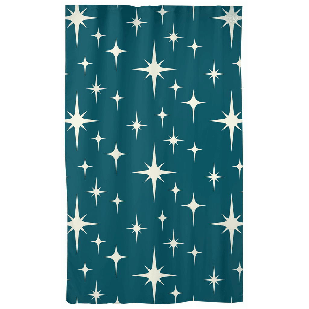Retro Atomic Starburst Cream on Blue MCM Curtains | lovevisionkarma.com