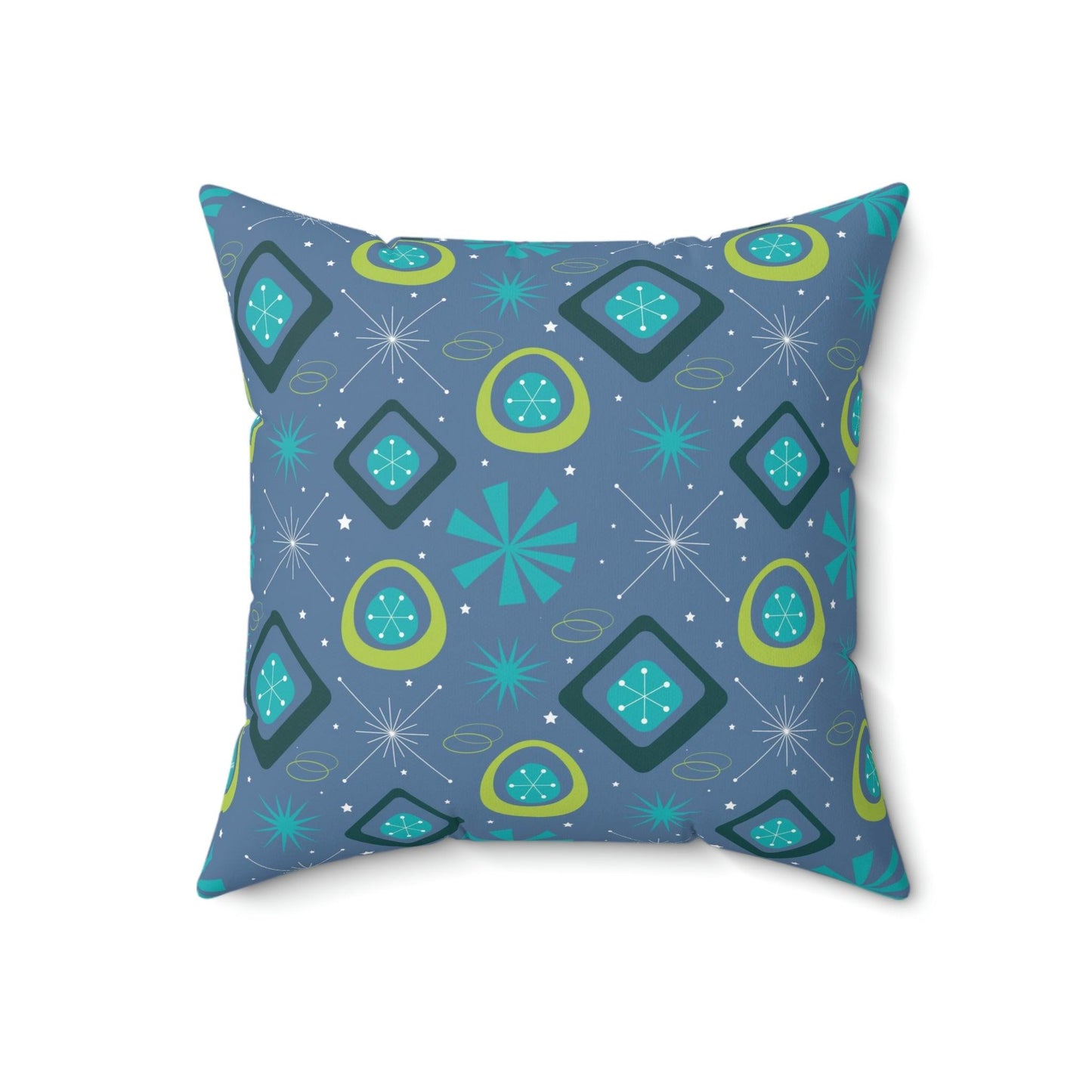 Retro 50s Space Age Atomic Burst Blue & Green MCM Throw Pillow | lovevisionkarma.com