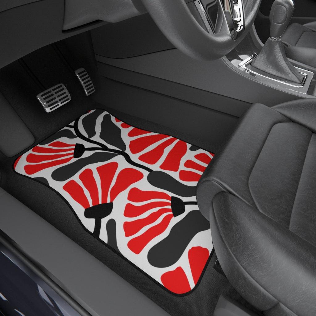 Groovy Abstract Flowers Retro MCM Red, White & Black Car Mats (Set of 4) | lovevisionkarma.com