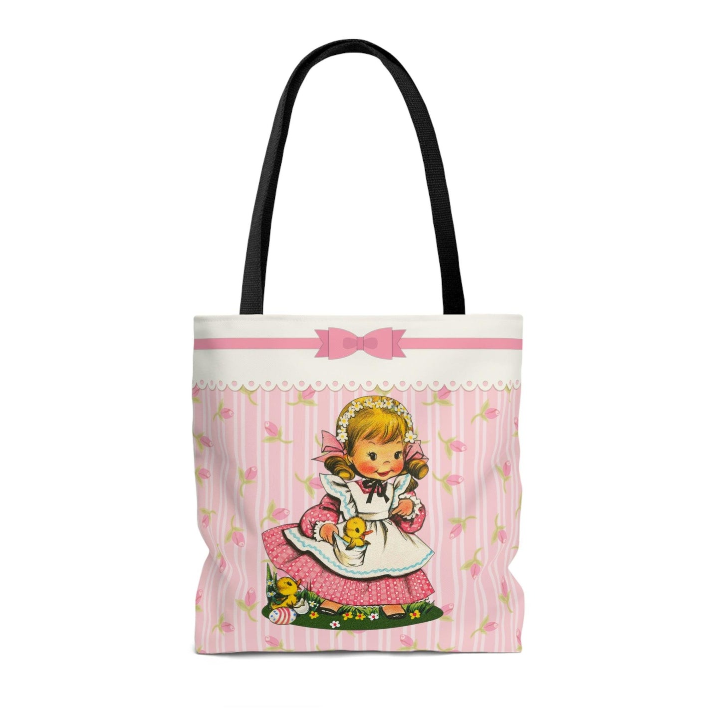 Vintage Kitsch Girl with Chicks MCM Easter Pink Tote Bag | lovevisionkarma.com