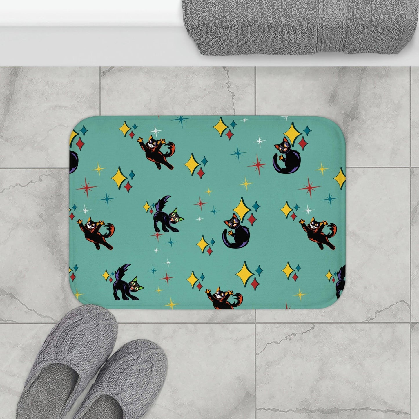 Retro Atomic Kitsch Cats Mid Century Mod Blue Bath Mat | lovevisionkarma.com
