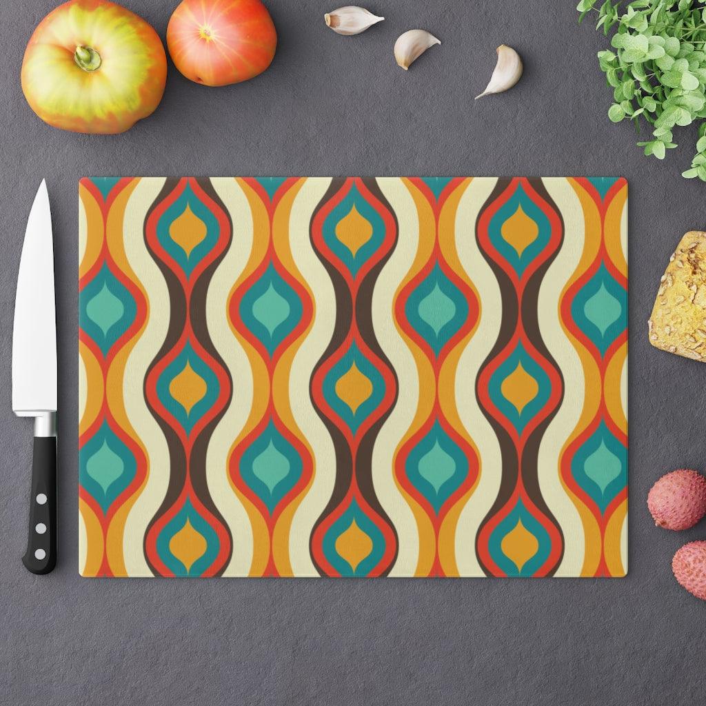 Retro Geometric Mid Century Mod Multicolor Glass Cutting Board | lovevisionkarma.com