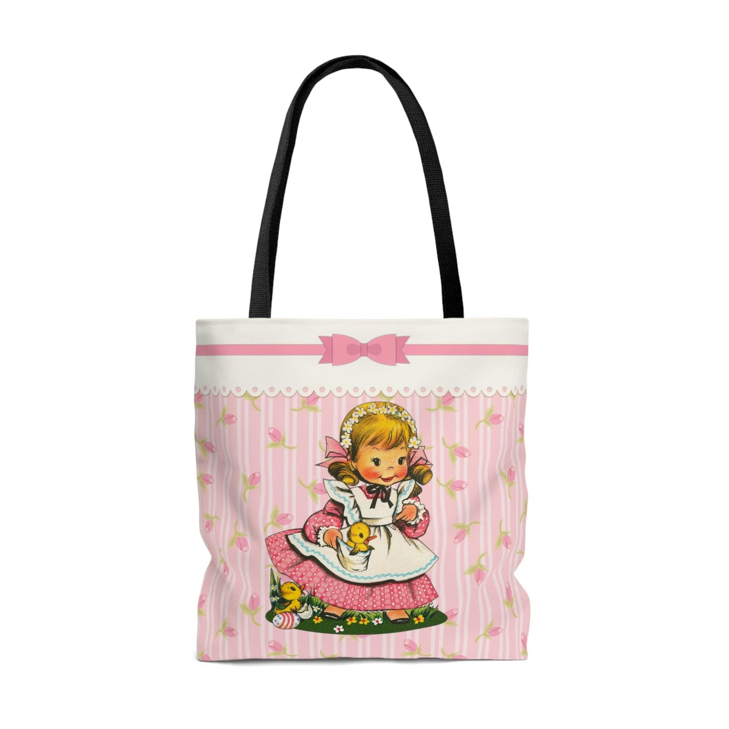 Vintage Kitsch Girl with Chicks MCM Easter Pink Tote Bag | lovevisionkarma.com