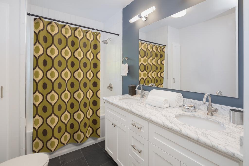Retro Mid Century Geometric Waves Olive Green Shower Curtain | lovevisionkarma.com